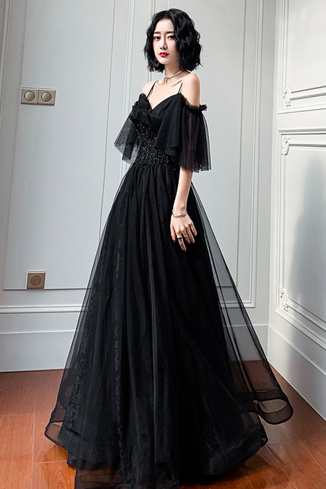 Black Lace Long A-Line Prom Dress, Black Off the Shoulder Evening Dress