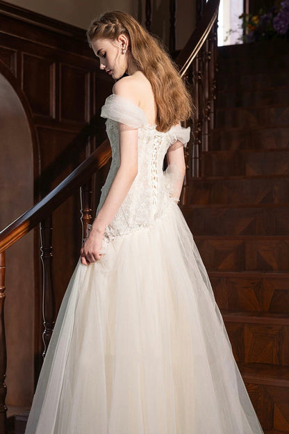 Champagne Tulle Lace Long Prom Dress, Beautiful Off the Shoulder Party Dress