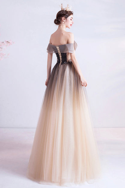 A-Line Gradient Tulle Long Prom Dress, Off the Shoulder Evening Dress