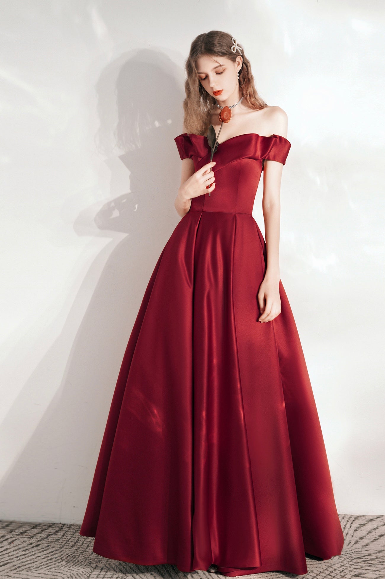 Burgundy Satin Long A-Line Prom Dress, Cute Off the Shoulder Evening Dress