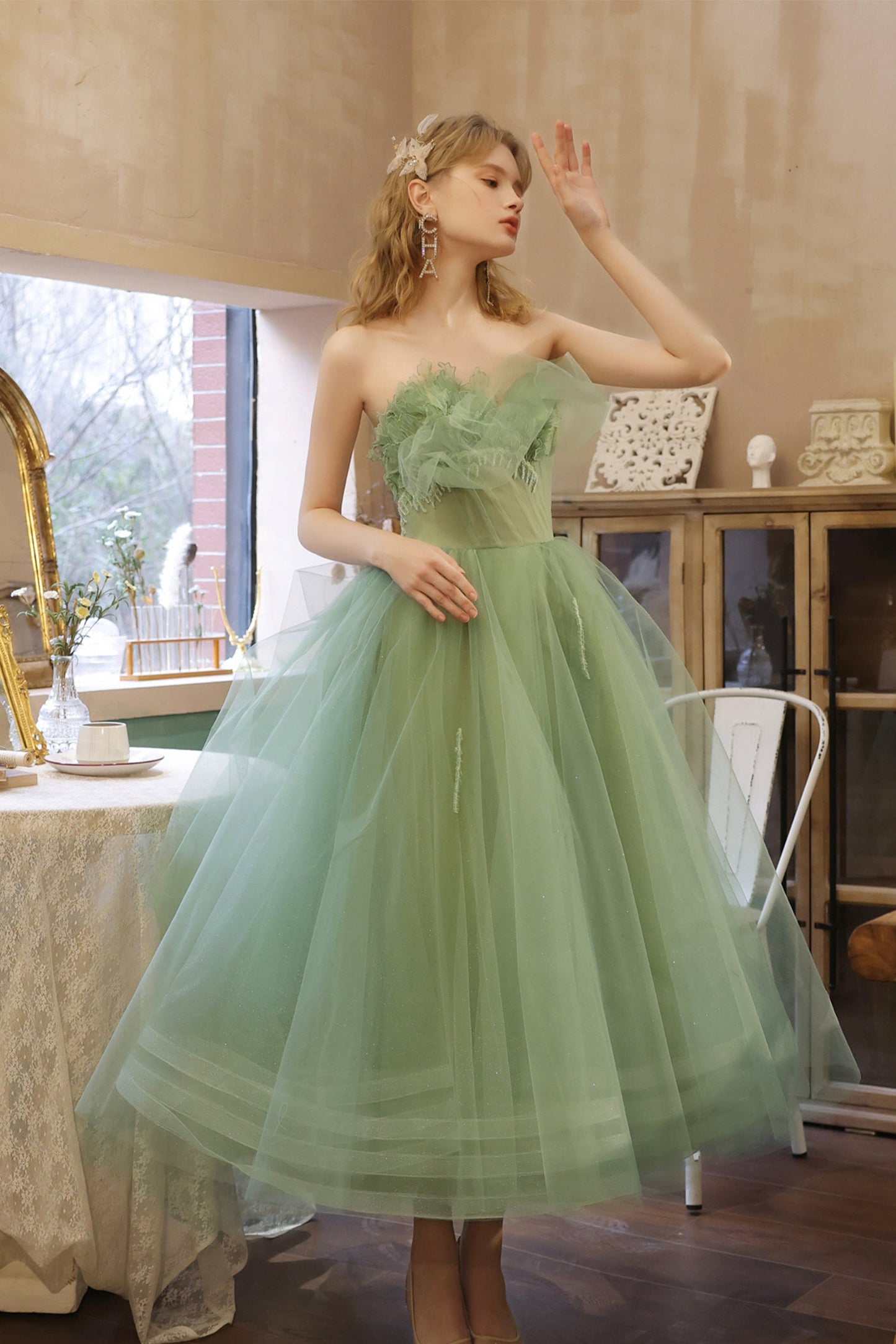 Green Strapless Lace Short Prom Dress, Lovely Green Homecoming Party Dress