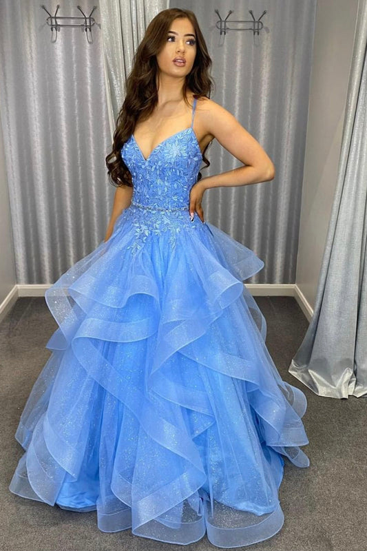 Blue Tulle Layers Long Formal Dress, V-Neck Spaghetti Straps Evening Party Dress