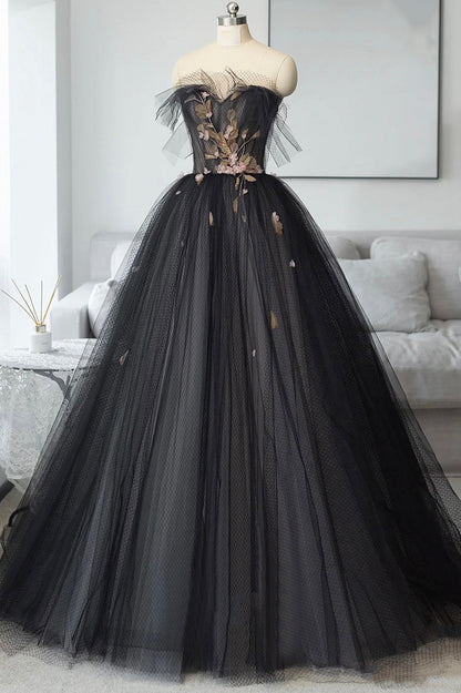 Black Tulle Long Prom Dress, Black A-Line Strapless Evening Dress