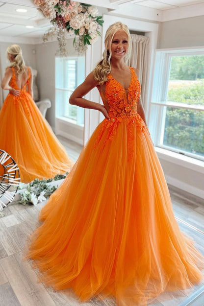 Orange V-Neck Tulle Lace Long Prom Dress, A-Line Graduation Party Dress
