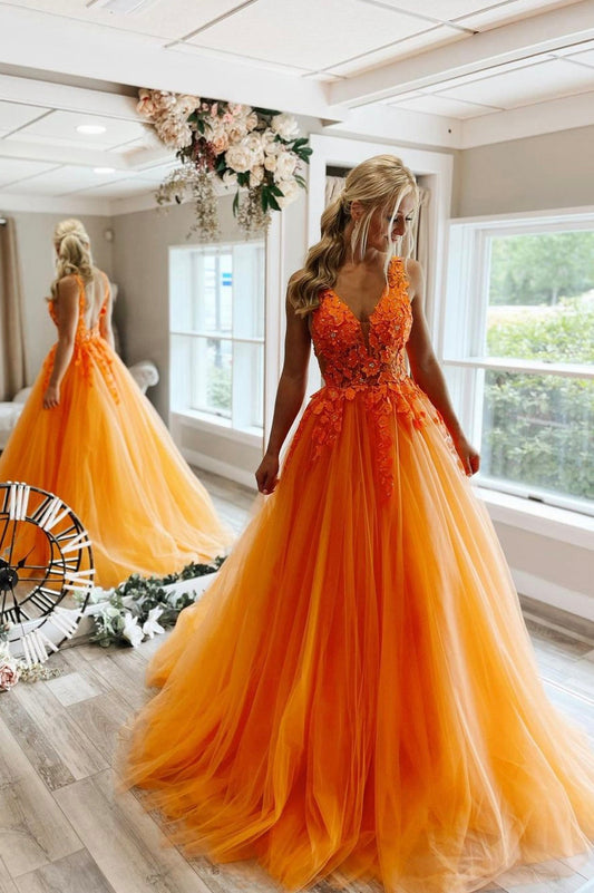Orange V-Neck Tulle Lace Long Prom Dress, A-Line Graduation Party Dress