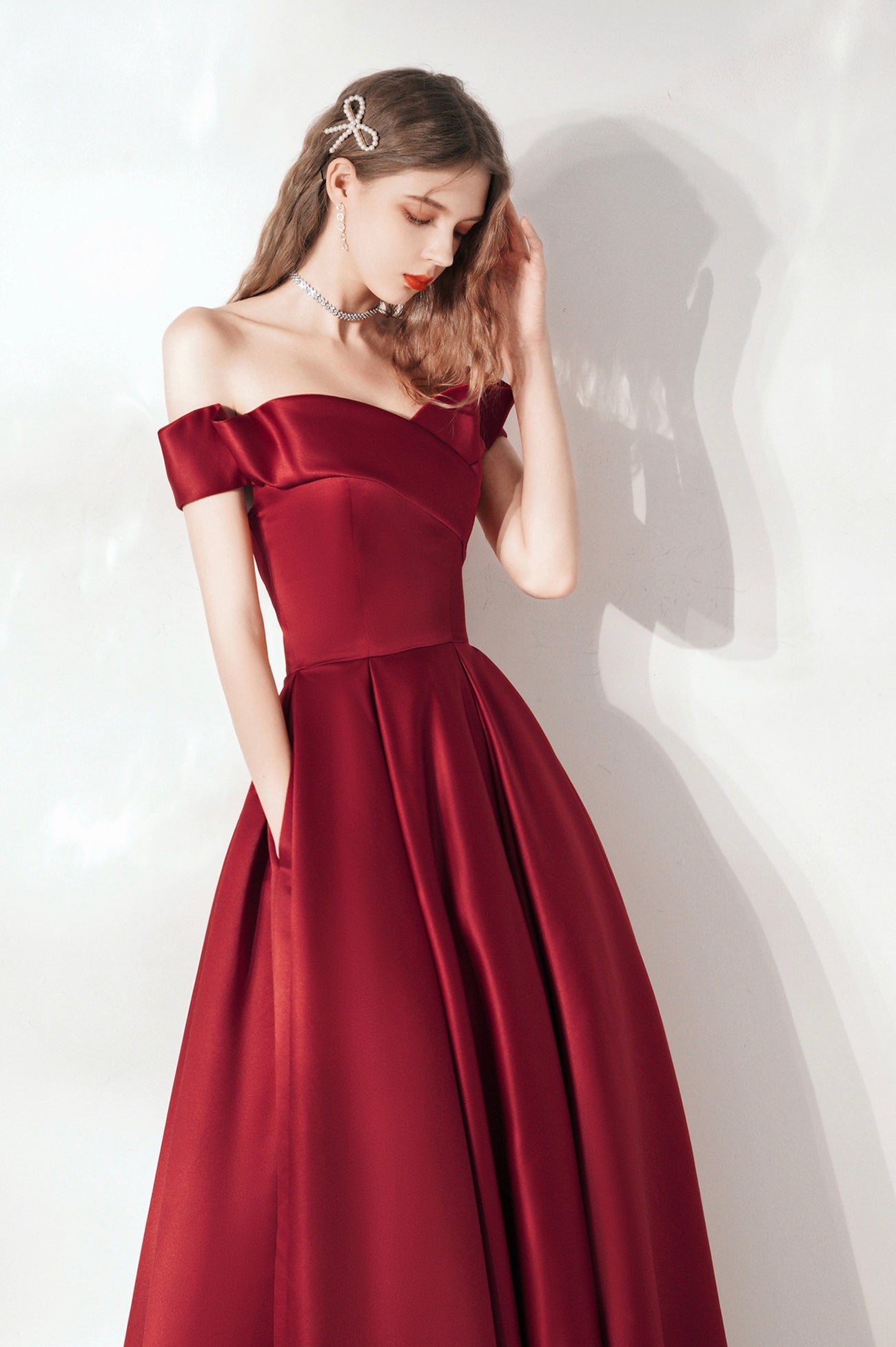 Burgundy Satin Long A-Line Prom Dress, Cute Off the Shoulder Evening Dress