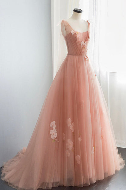 Pink Tulle Long A-Line Prom Dress, Cute Graduation Dress