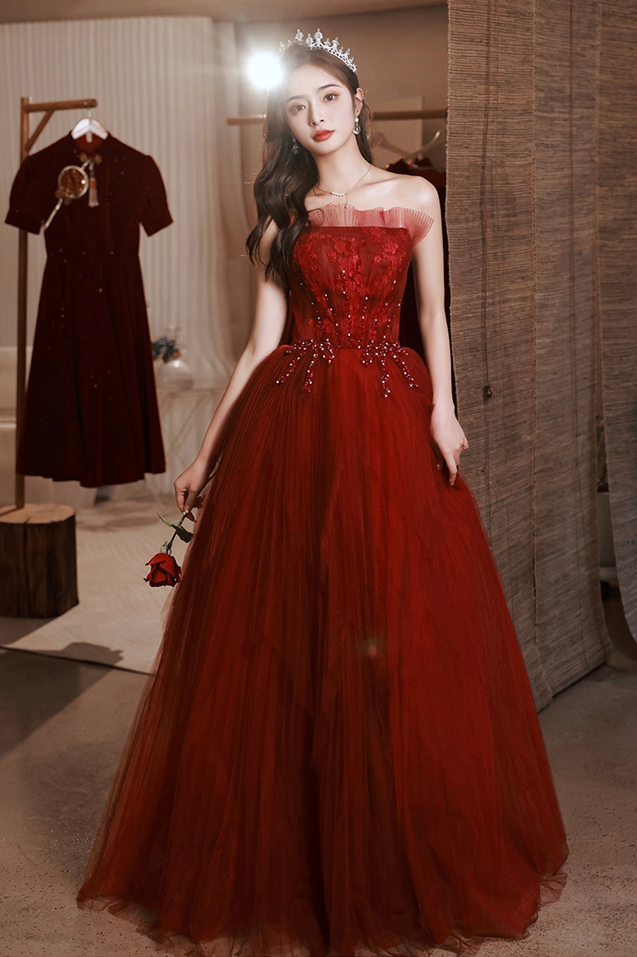 Burgundy Tulle Long Prom Dress with Lace, A-Line Strapless Evening Dress