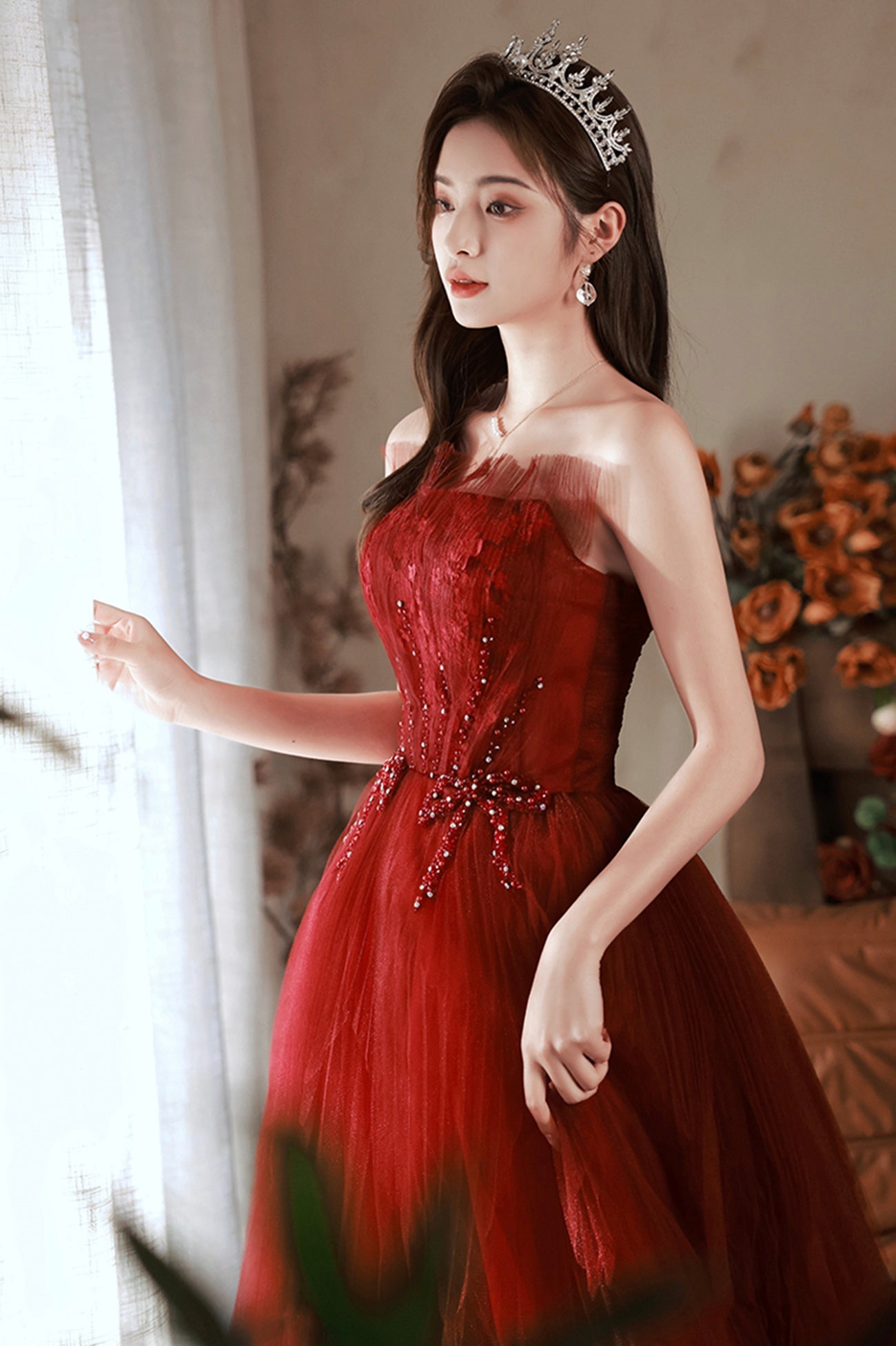 Burgundy Tulle Long Prom Dress with Lace, A-Line Strapless Evening Dress