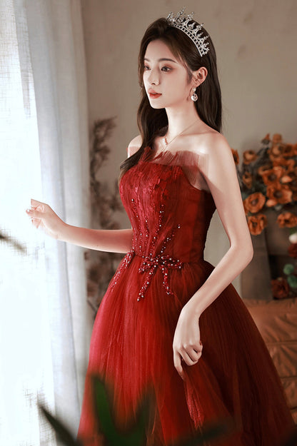 Burgundy Tulle Long Prom Dress with Lace, A-Line Strapless Evening Dress