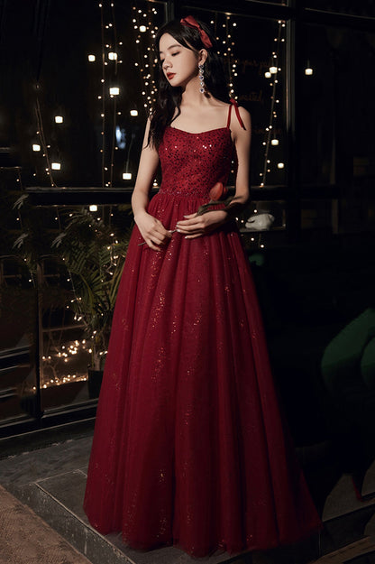 Burgundy Tulle Sequins Long Prom Dress, Spaghetti Straps Evening Party Dress