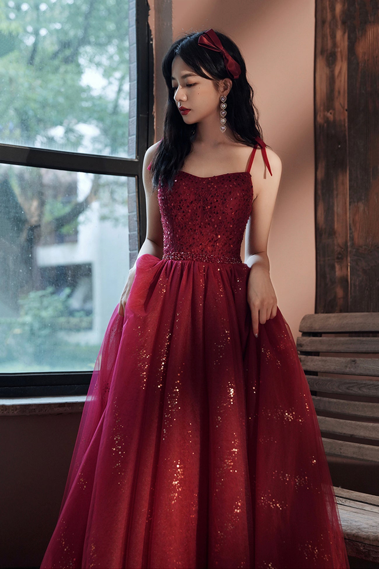 Burgundy Tulle Sequins Long Prom Dress, Spaghetti Straps Evening Party Dress