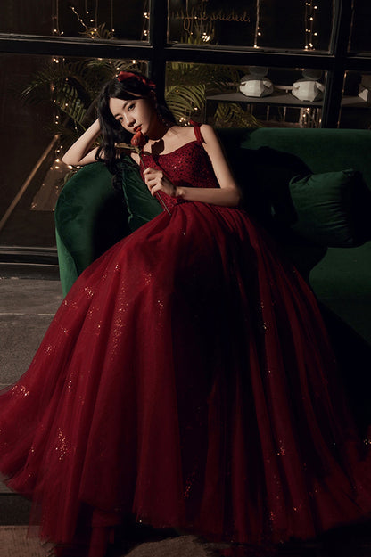 Burgundy Tulle Sequins Long Prom Dress, Spaghetti Straps Evening Party Dress