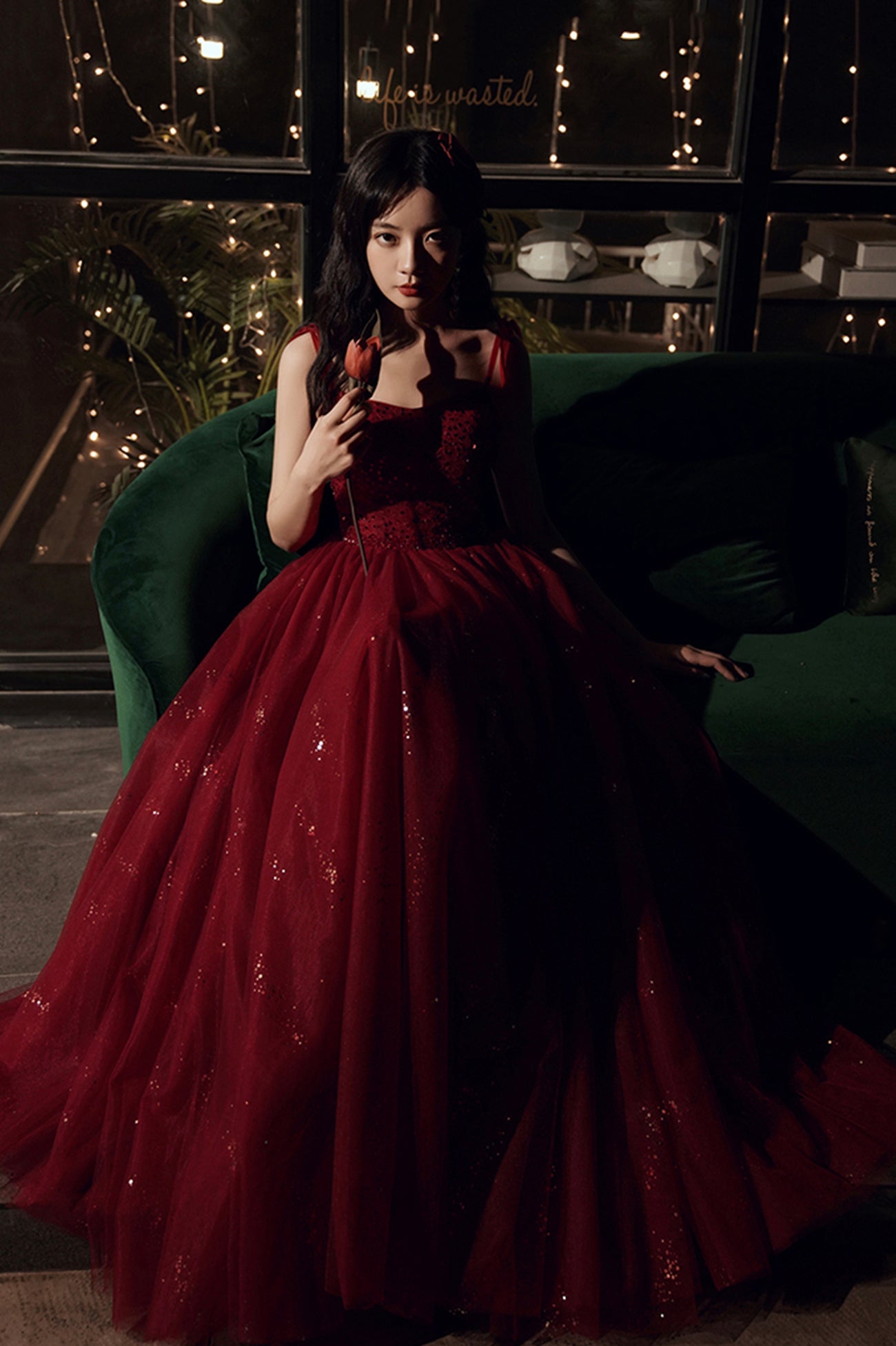 Burgundy Tulle Sequins Long Prom Dress, Spaghetti Straps Evening Party Dress