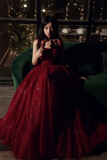 Burgundy Tulle Sequins Long Prom Dress, Spaghetti Straps Evening Party Dress