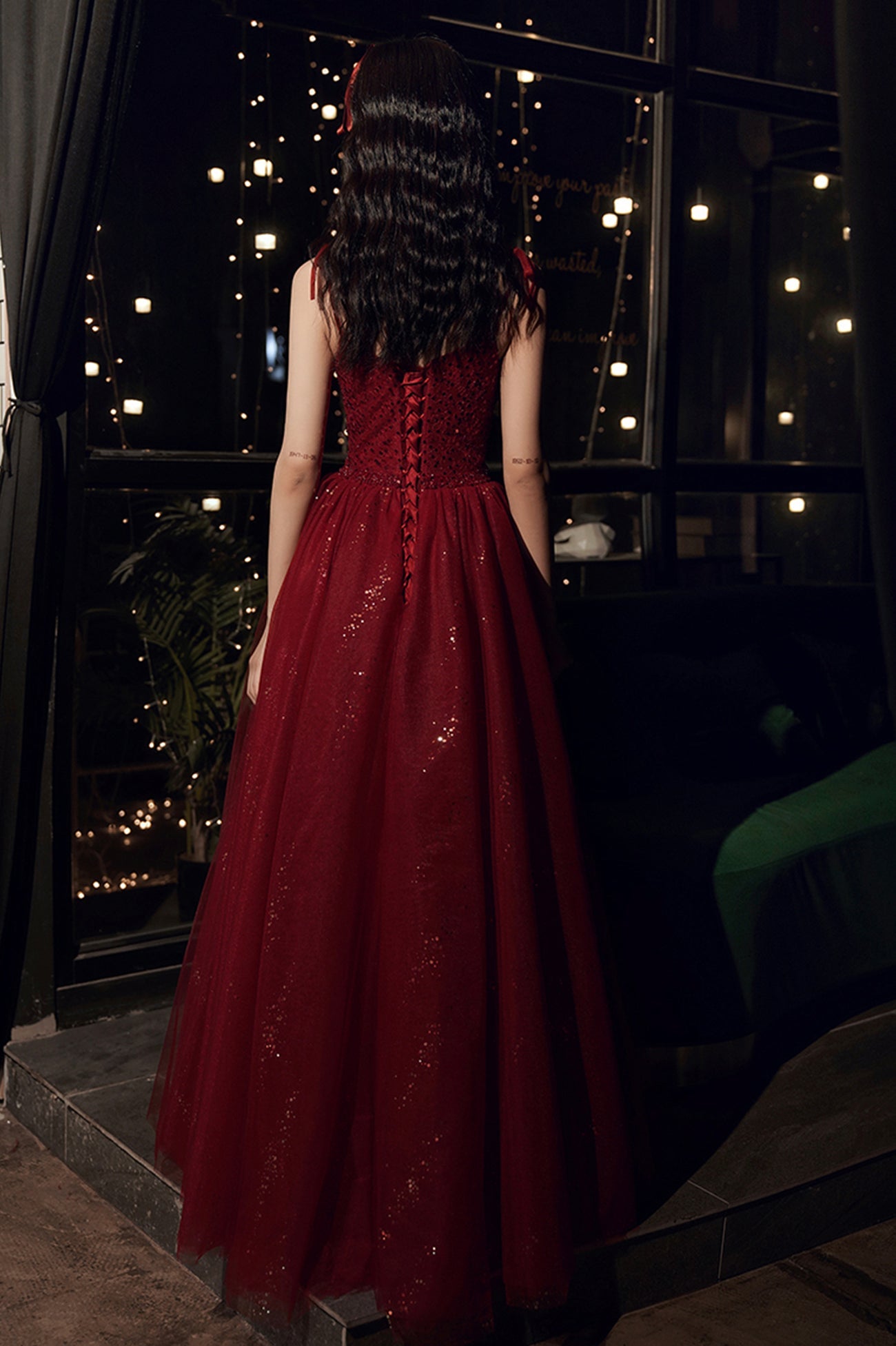 Burgundy Tulle Sequins Long Prom Dress, Spaghetti Straps Evening Party Dress