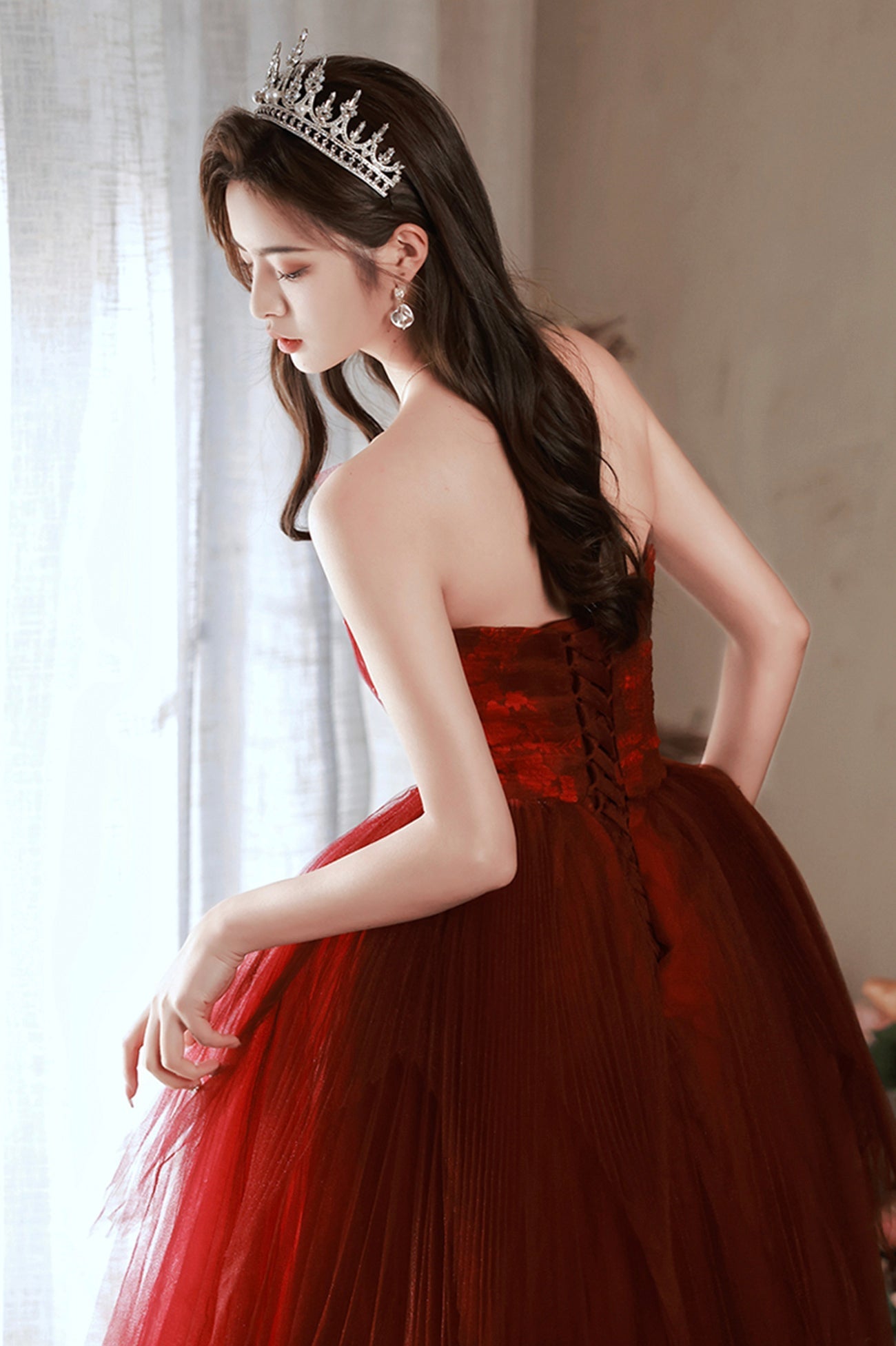 Burgundy Tulle Long Prom Dress with Lace, A-Line Strapless Evening Dress