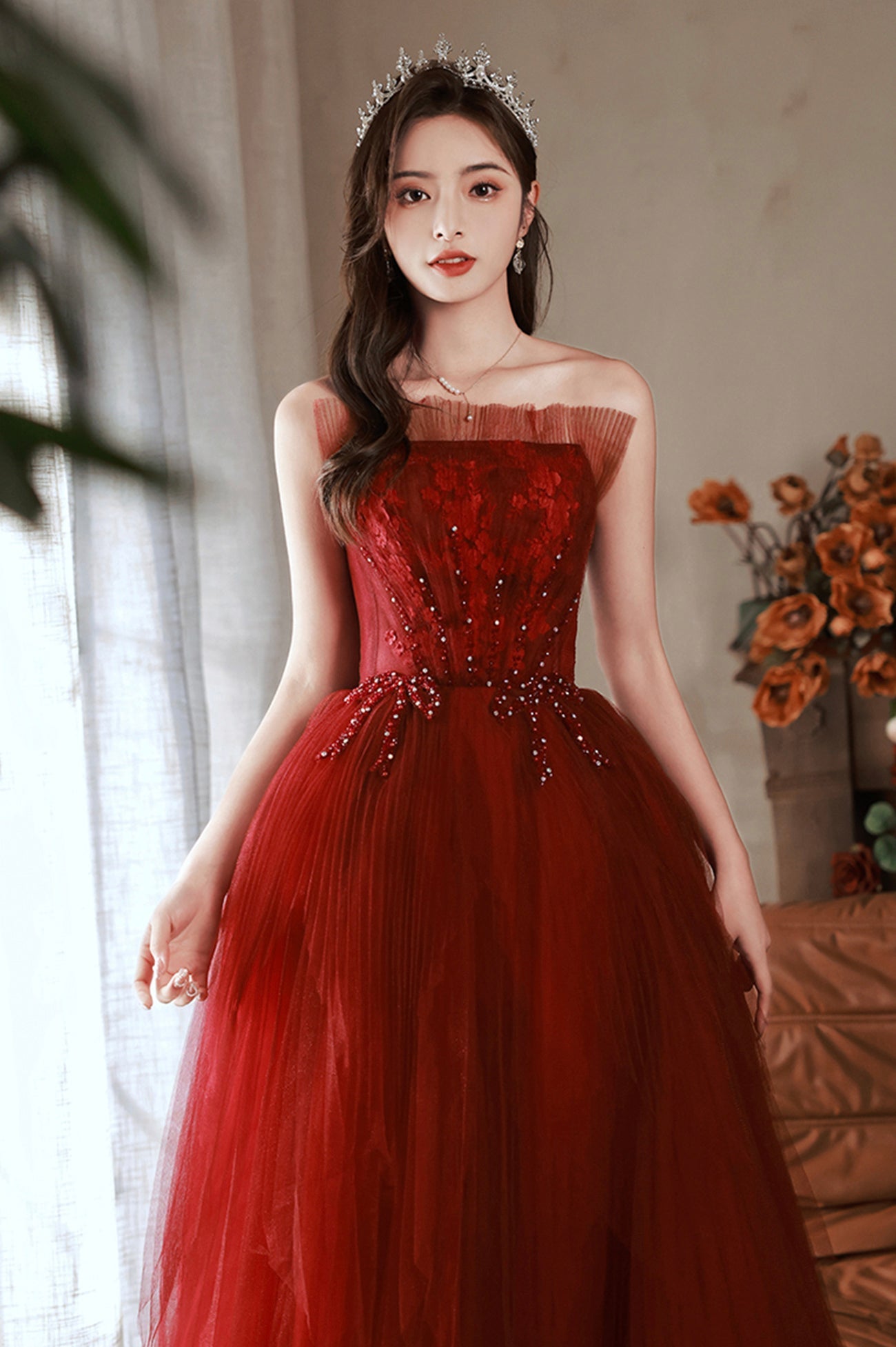 Burgundy Tulle Long Prom Dress with Lace, A-Line Strapless Evening Dress