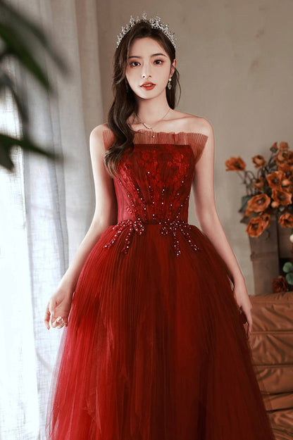Burgundy Tulle Long Prom Dress with Lace, A-Line Strapless Evening Dress
