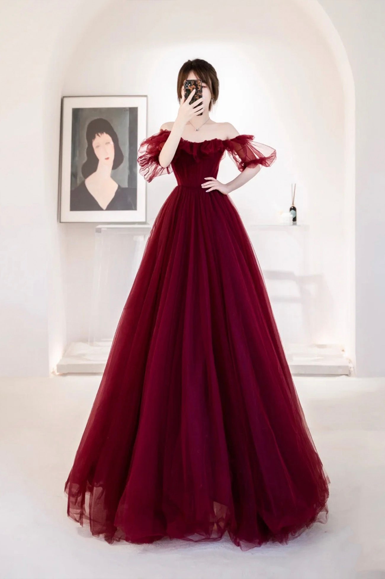 Burgundy Tulle Long Evening Dress, Cute A-Line Off the Shoulder Graduation Dress