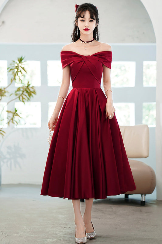Burgundy Satin Short A-Line Prom Dress, Off the Shoulder Homecoming Party Dress