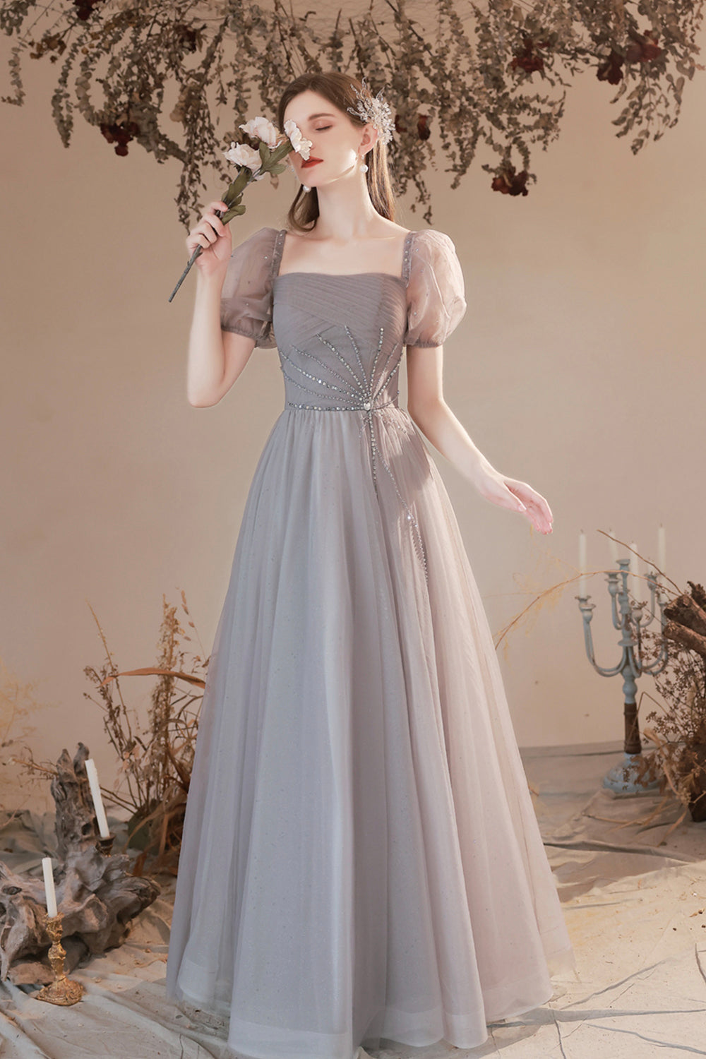 Gray Tulle Beaded Long Prom Dress, Lovely Short Sleeve Evening Graduation Dress