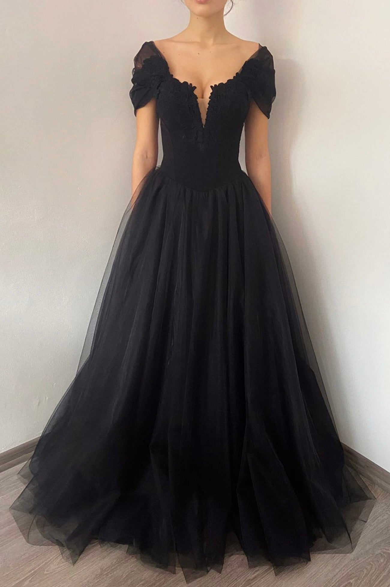 Black V-Neck Lace Long Prom Dress, Black A-Line Evening Party Dress