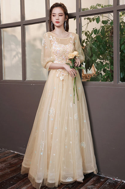 Champagne Scoop Tulle Long Prom Dress, Evening Graduation Celebration