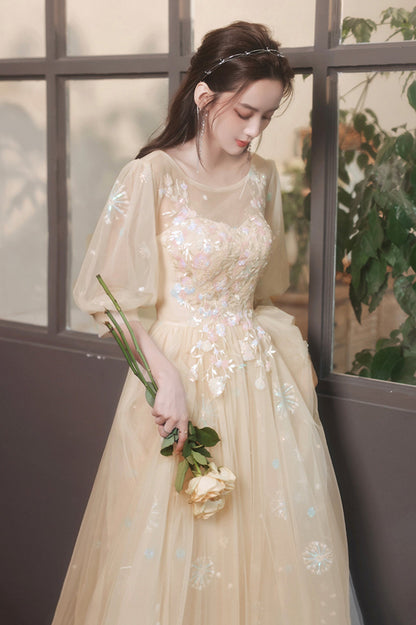 Champagne Scoop Tulle Long Prom Dress, Evening Graduation Celebration