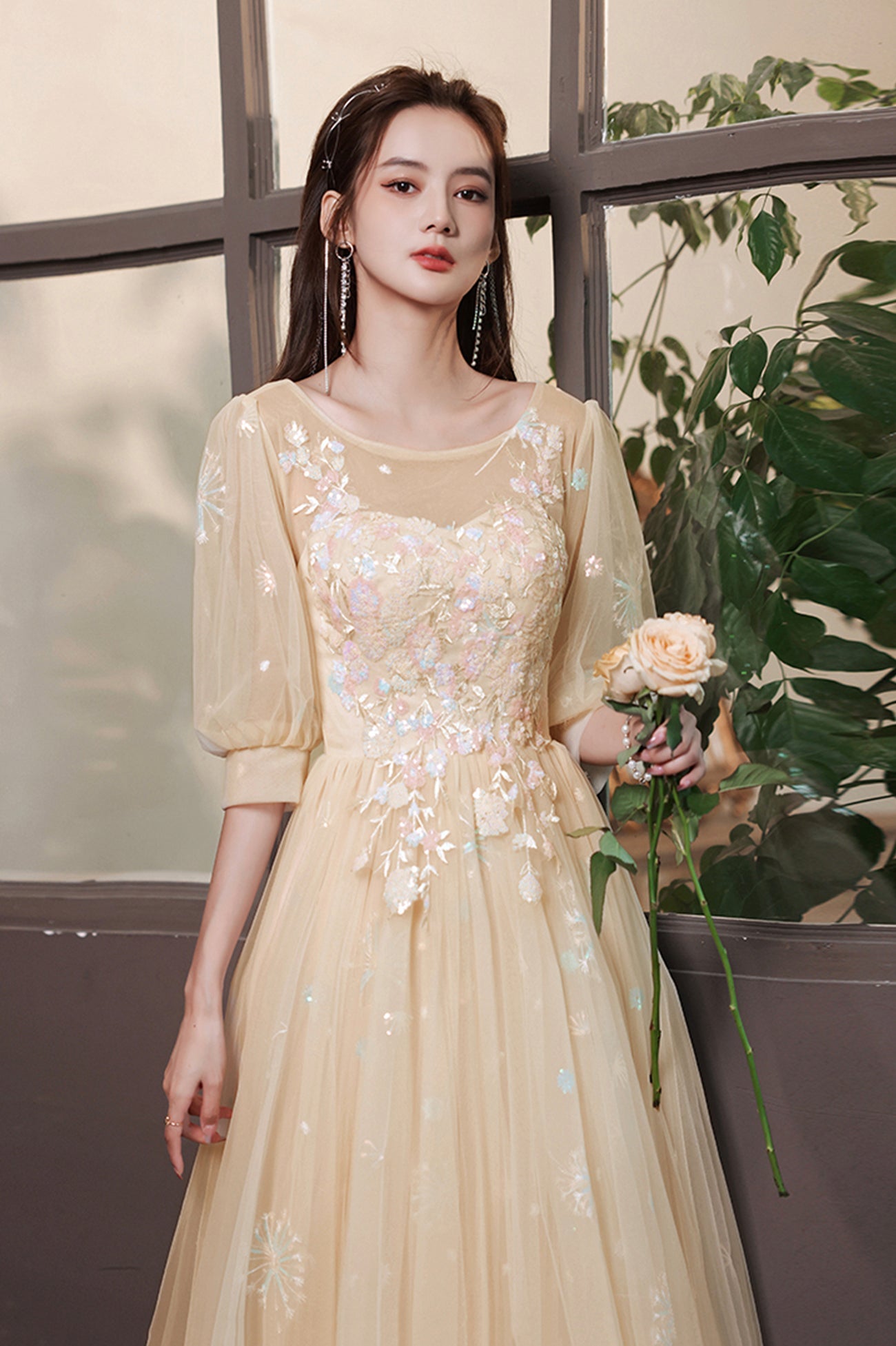 Champagne Scoop Tulle Long Prom Dress, Evening Graduation Celebration