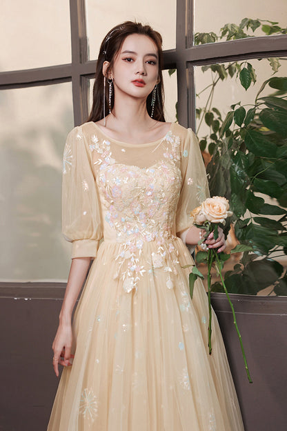 Champagne Scoop Tulle Long Prom Dress, Evening Graduation Celebration