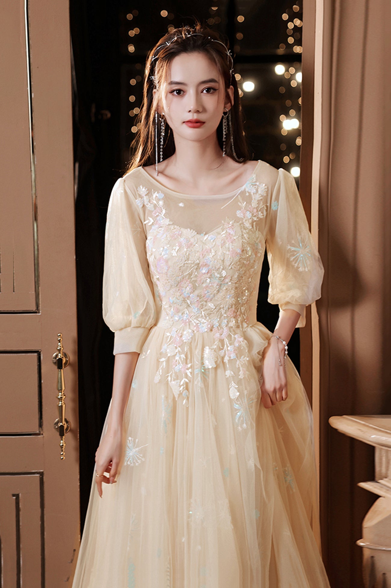 Champagne Scoop Tulle Long Prom Dress, Evening Graduation Celebration