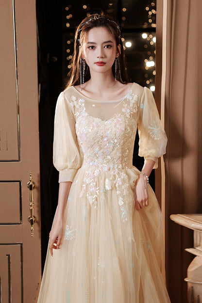 Champagne Scoop Tulle Long Prom Dress, Evening Graduation Celebration