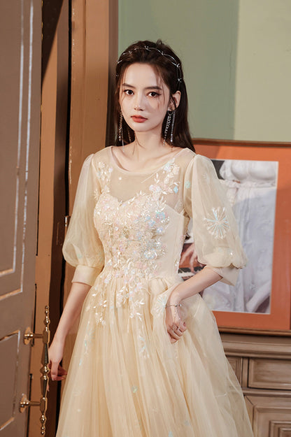 Champagne Scoop Tulle Long Prom Dress, Evening Graduation Celebration