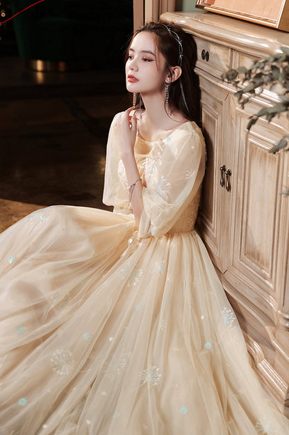 Champagne Scoop Tulle Long Prom Dress, Evening Graduation Celebration