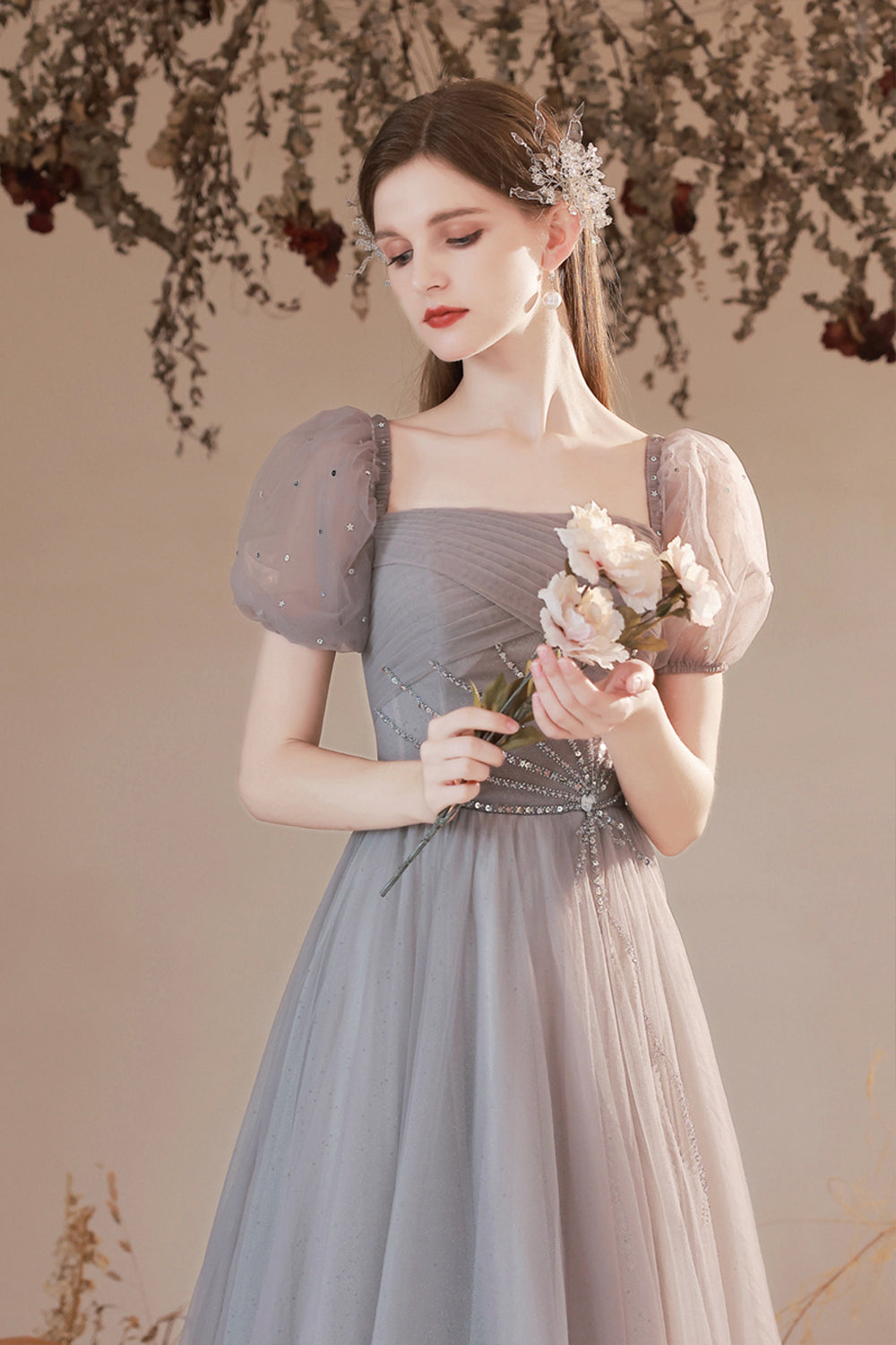 Gray Tulle Beaded Long Prom Dress, Lovely Short Sleeve Evening Graduation Dress