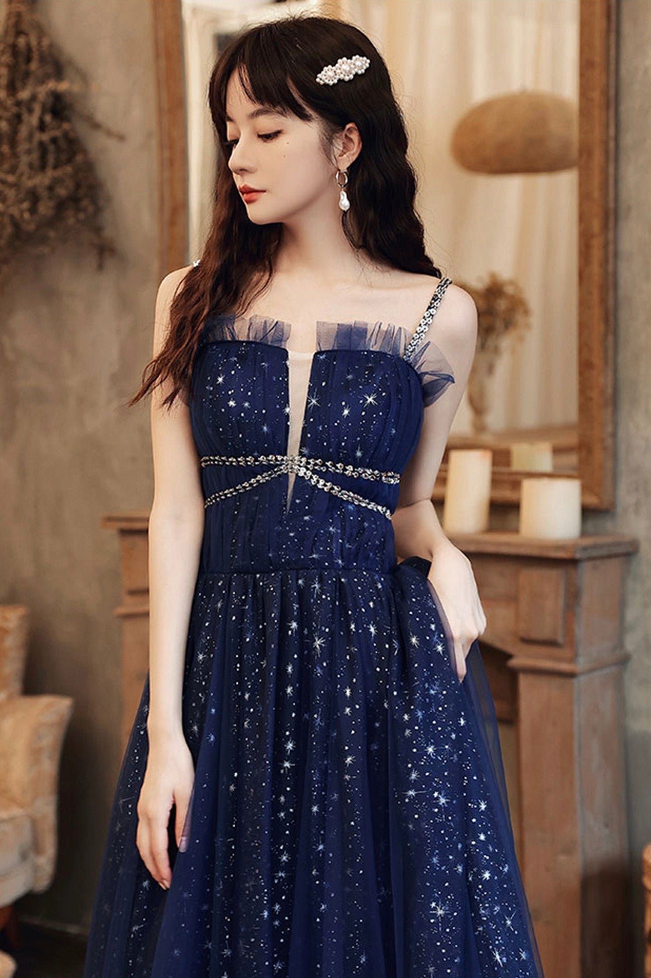 Blue Spaghetti Strap Tulle Prom Dress, A-Line Evening Graduation Dress