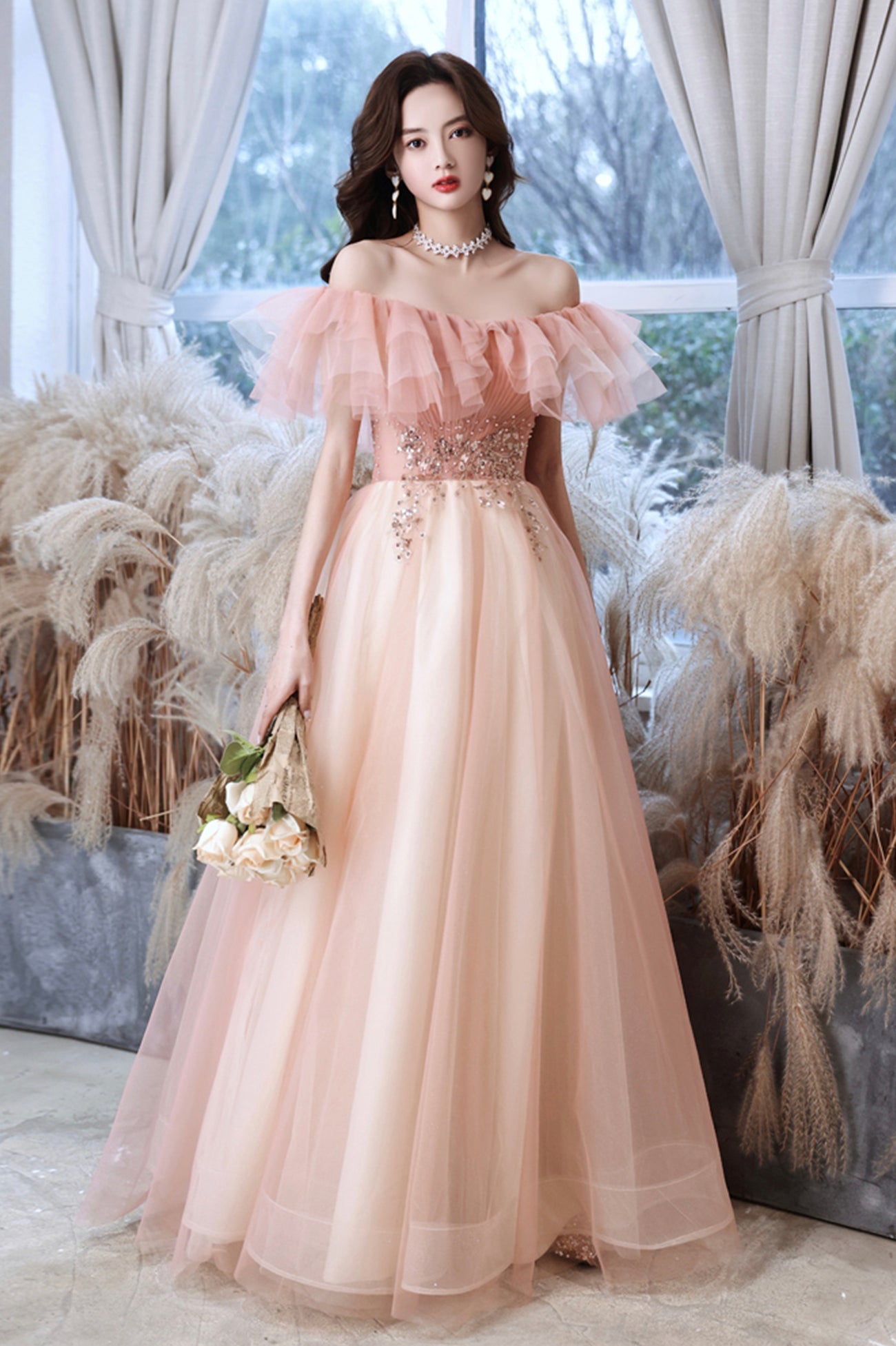 Pink Tulle Off the Shoulder Prom Dress, Lovely A-Line Graduation Dress
