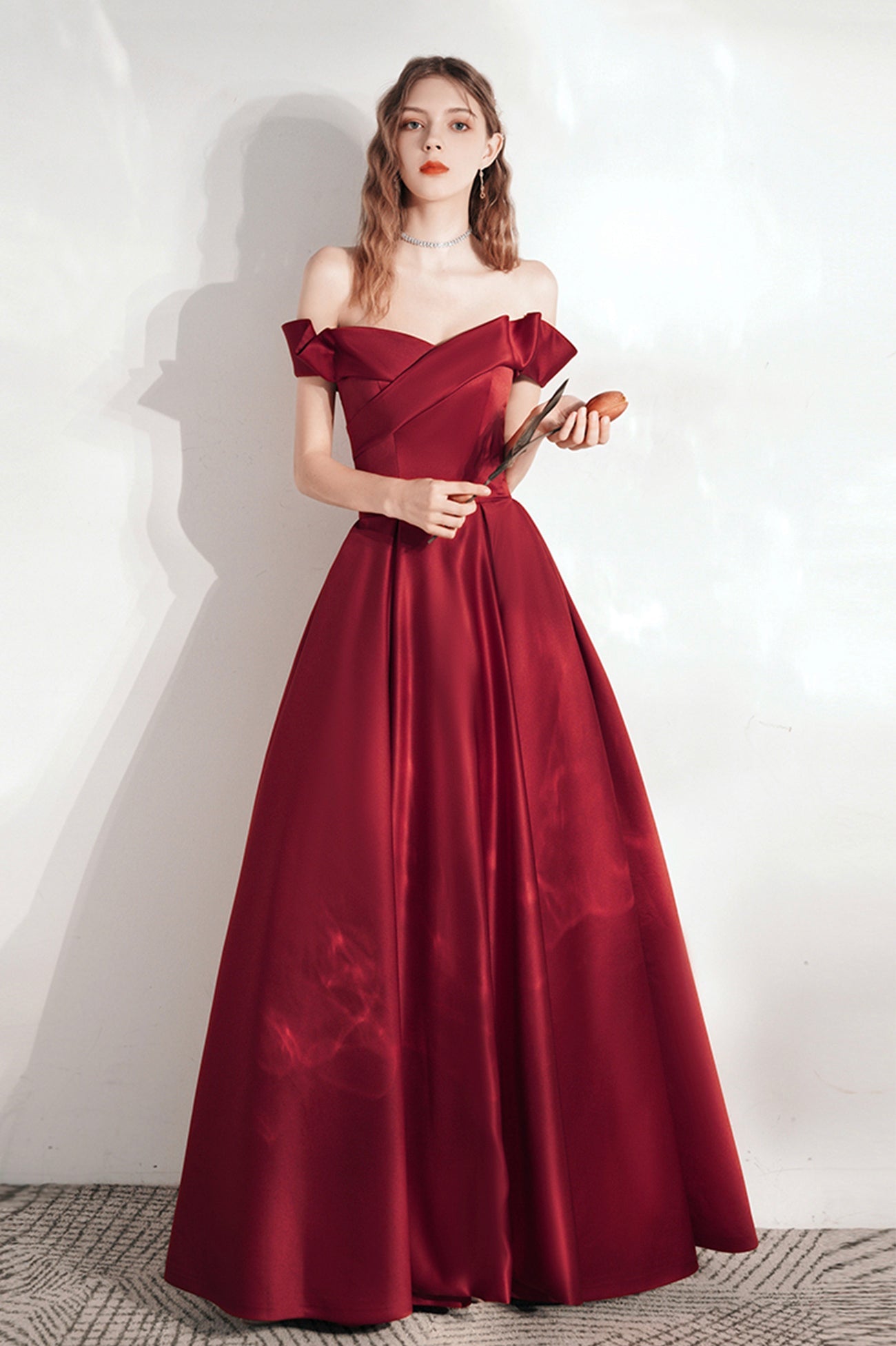 Burgundy Satin Long A-Line Prom Dress, Cute Off the Shoulder Evening Dress