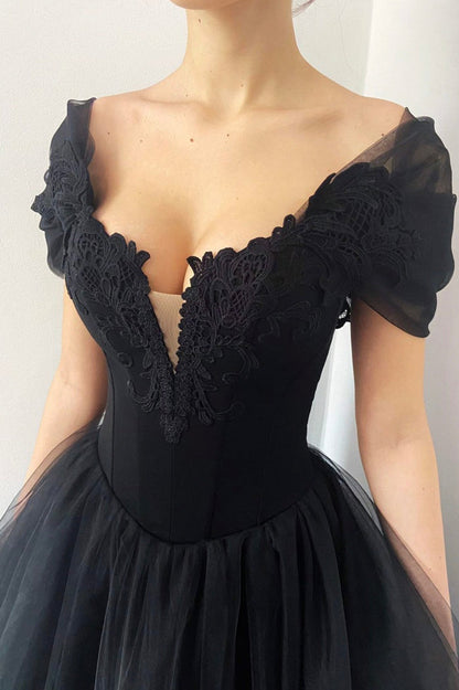 Black V-Neck Lace Long Prom Dress, Black A-Line Evening Party Dress