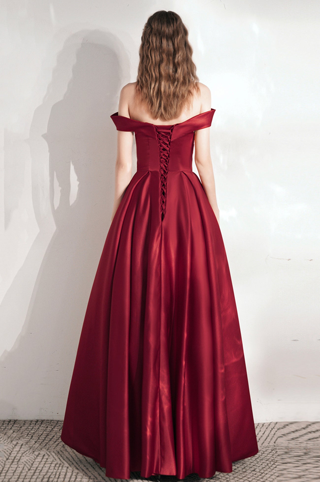 Burgundy Satin Long A-Line Prom Dress, Cute Off the Shoulder Evening Dress