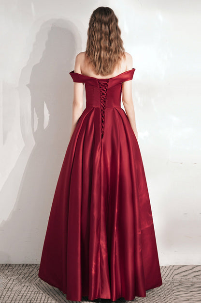 Burgundy Satin Long A-Line Prom Dress, Cute Off the Shoulder Evening Dress