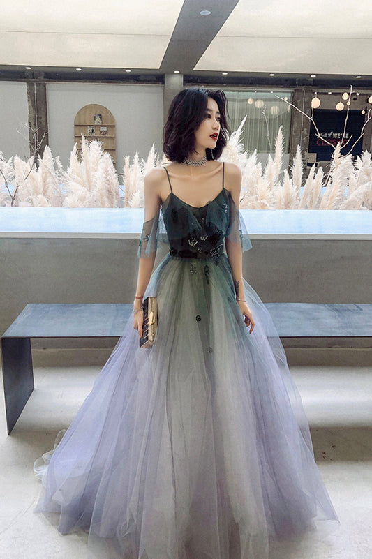 Stylish V-Neck Gradient Tulle Long Prom Dress, A-Line Backless Evening Party Dress