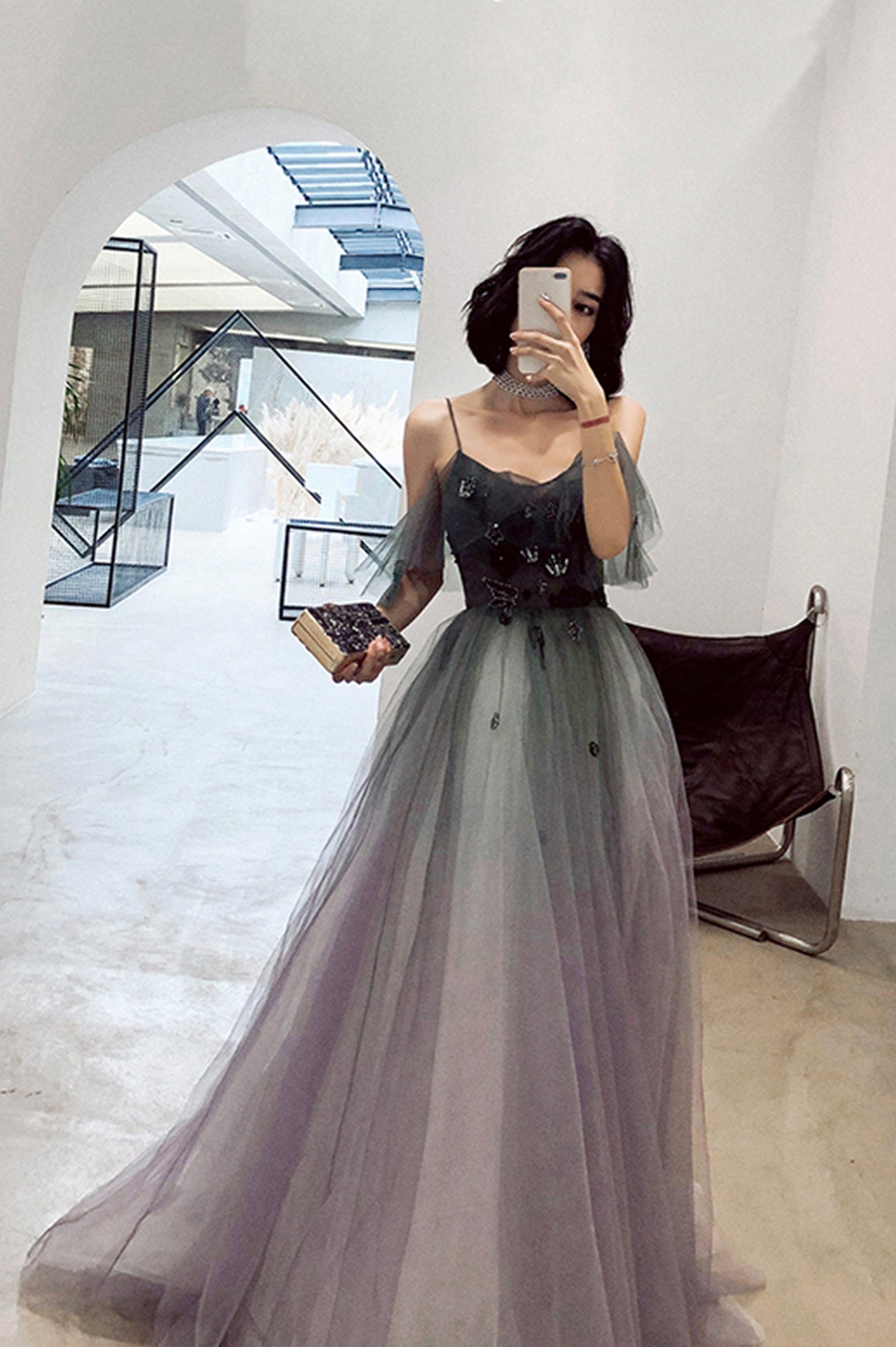 Stylish V-Neck Gradient Tulle Long Prom Dress, A-Line Backless Evening Party Dress