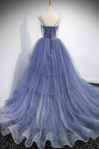 Blue Tulle Layers Long Prom Dress, A-Line Spaghetti Strap Party Dress