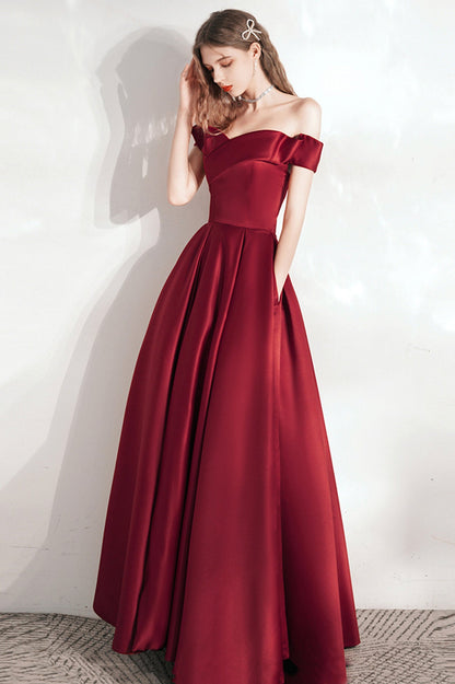 Burgundy Satin Long A-Line Prom Dress, Cute Off the Shoulder Evening Dress
