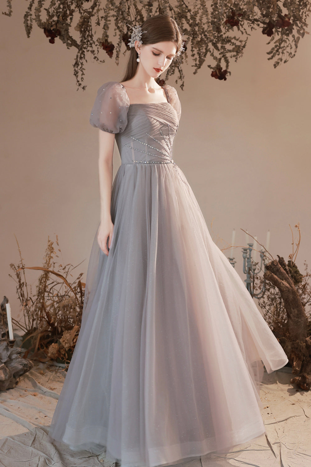Gray Tulle Beaded Long Prom Dress, Lovely Short Sleeve Evening Graduation Dress