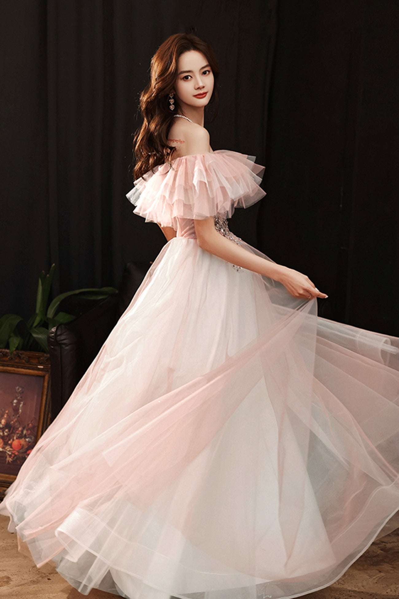 Pink Tulle Off the Shoulder Prom Dress, Lovely A-Line Graduation Dress