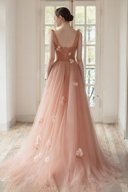 Pink Tulle Long A-Line Prom Dress, Cute Graduation Dress