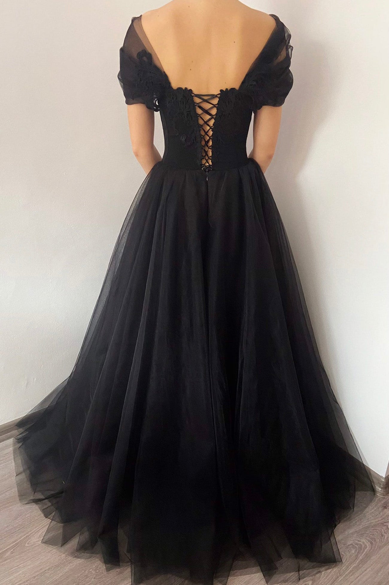 Black V-Neck Lace Long Prom Dress, Black A-Line Evening Party Dress